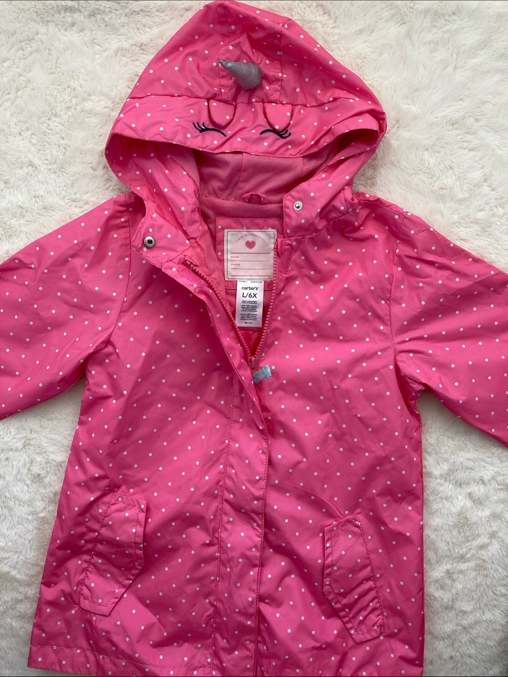 SALE! 50% Off kids Carter's Hot Pink Polka Dot Hooded Unicorn Raincoat Size 6X